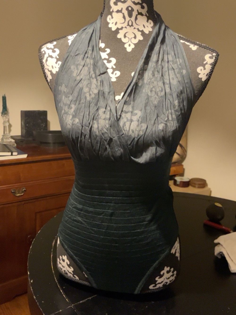 Vintage Alaïa Paris Deep Green Halter Bodysuit Sheer Draped Top archive 6049